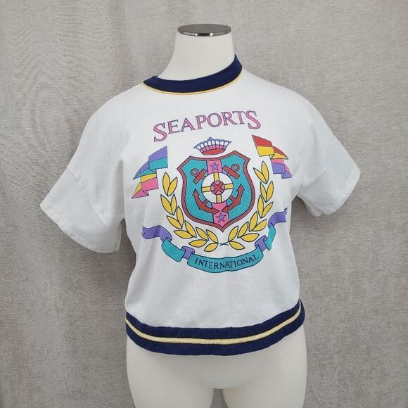 No Boundaries Vintage Fleece Lined Cropped Crewneck Nautical Short Sleeves - Picture 1 of 13